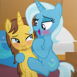 Size: 1200x1200 | Tagged: safe, artist:grapefruitface1, trixie, oc, oc:grapefruit face, pony, unicorn, aesthetics, base used, bedroom eyes, blushing, canon x oc, clinging, female, grapexie, hoof on chest, hug, looking at each other, male, scan lines, shipping, straight, vaporwave