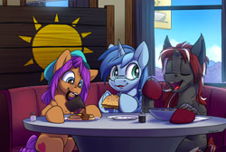 Size: 2200x1475 | Tagged: safe, artist:tsitra360, oc, oc only, oc:conicaw, oc:crimson fist, pony, breakfast, cereal, cheese, food, glasses, grilled cheese, hat, high res, pancakes, pepper shaker, salt, salt shaker, sandwich, sitting, spoon, syrup, table