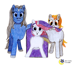 Size: 3280x2954 | Tagged: safe, artist:moon flower, derpibooru exclusive, derpibooru import, oc, oc only, oc:darkest hour, oc:moon flower, oc:noble pinions, alicorn, earth pony, pony, 2021, 2021 community collab, alicorn oc, blue eyes, blue fur, coat markings, coloured pencil drawing, derpibooru community collaboration, earth pony oc, ethereal hair, ethereal mane, eyelashes, feathered wings, folded wings, front view, gray mane, grey fur, grey hair, high res, hooves, horn, lidded eyes, logo, looking at something, looking at you, looking down, minecraft, mouth hold, nether portal, open mouth, orange eyes, orange hair, orange mane, pencil drawing, pink hair, pink mane, portal, purple hair, purple mane, raised leg, signature, simple background, smiling, spread legs, spreading, star (coat marking), tail, traditional art, transparent background, trio, wings