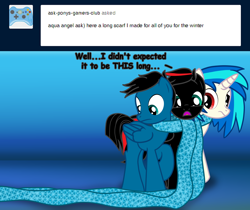 Size: 7136x5995 | Tagged: safe, artist:agkandphotomaker2000, derpibooru import, dj pon-3, vinyl scratch, oc, oc:arnold the pony, oc:pony video maker, pegasus, pony, unicorn, ask, clothes, dialogue, long scarf, raised hoof, red and black mane, red and black oc, scarf, shared clothing, shared scarf, show accurate, tumblr, tumblr:pony video maker's blog