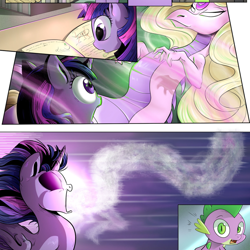 Size: 2000x2000 | Tagged: safe, artist:candyclumsy, derpibooru import, edit, spike, twilight sparkle, twilight sparkle (alicorn), alicorn, dragon, comic:twilight's kronenberg, cropped, dragoness, female, possession, shocked, shocked expression