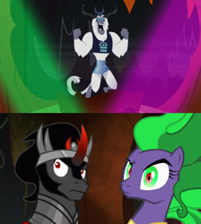 Size: 1192x1328 | Tagged: safe, artist:kayman13, artist:tentapone, derpibooru import, king sombra, mane-iac, storm king, pony, unicorn, yeti, my little pony: the movie, power ponies (episode), confused, dancer, dancing, evil lair, female, grogar's lair, huh, lair, looking forward, male, not impressed, spotlight