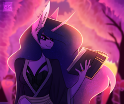 Size: 1208x1020 | Tagged: safe, artist:elektra-gertly, derpibooru import, twilight sparkle, anthro, big ears, big horn, book, clothes, ears, eyeshadow, female, horn, jewelry, makeup, mare, mascara, night, outdoors, reading, ring, smiling, solo, tree