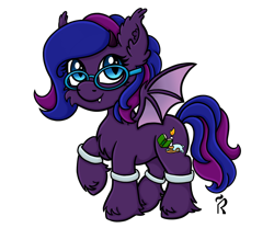 Size: 1300x1080 | Tagged: safe, artist:dawn-designs-art, derpibooru import, oc, oc:velvet daydream, bat pony, pony, blue eyes, bracelet, digital art, fangs, female, fluffy, glasses, happy, jewelry, mare, purple coat, simple background, solo, transparent background