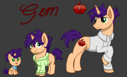 Size: 1150x700 | Tagged: safe, artist:thetenthclass, derpibooru import, oc, oc only, oc:gem, pony, unicorn, age progression, baby, baby pony, bib, clothes, colt, gray background, hoodie, magical lesbian spawn, male, offspring, parent:applejack, parent:rarity, parents:rarijack, shirt, simple background, solo, stallion, tongue out