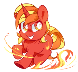 Size: 905x834 | Tagged: safe, artist:yokokinawa, derpibooru import, oc, oc only, oc:red fire, pony, unicorn, chibi, fire, looking at you, male, simple background, smiling, solo, stallion, white background, white pupils