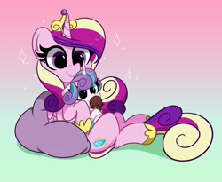 Size: 4096x3356 | Tagged: safe, artist:kittyrosie, derpibooru import, princess cadance, princess flurry heart, alicorn, pony, baby, baby pony, blushing, cute, cutedance, duo, ears, female, filly, floppy ears, flurrybetes, foal, food, gradient background, ice cream, ice cream cone, kittyrosie is trying to murder us, mare, mother and child, mother and daughter, parent and child, sitting, smiling, sweet dreams fuel