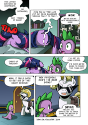 Size: 1204x1700 | Tagged: safe, derpibooru import, spike, twilight sparkle, oc, oc:cosmo cool, alicorn, dragon, pony, unicorn, comic:the royal sandal, comic, speech bubble, sunglasses