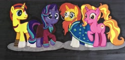 Size: 4019x1942 | Tagged: safe, artist:magicnova, derpibooru exclusive, derpibooru import, luster dawn, starlight glimmer, sunburst, oc, oc:starfire blaze, pony, unicorn, amputee, blaze (coat marking), clothes, coat markings, father and child, father and daughter, father and son, female, glasses, image macro, looking at you, luster dawn is starlight's and sunburst's daughter, male, mare, mother and child, mother and daughter, mother and son, offspring, older, older starlight glimmer, older sunburst, parent and child, parent:starlight glimmer, parent:sunburst, parents:starburst, prosthetic leg, prosthetic limb, prosthetics, robe, scar, shipping, simple background, socks (coat marking), stallion, starburst, straight, sunburst the bearded, sunburst's glasses, sunburst's robe, traditional art