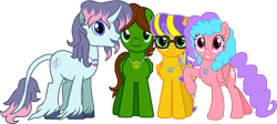 Size: 2780x1250 | Tagged: safe, artist:crisostomo-ibarra, derpibooru import, oc, oc only, oc:bella pinksavage, oc:fluffybriefs, oc:sunrise glisten, oc:swiftgaia, pony, unicorn, curved horn, female, glasses, horn, jewelry, looking at you, male, mare, necklace, peace symbol, simple background, smiling, stallion, transparent background