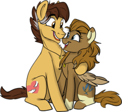 Size: 1307x1200 | Tagged: safe, artist:rutkotka, derpibooru import, oc, oc only, oc:feather paw, oc:help hoof, earth pony, pegasus, 2021 community collab, derpibooru community collaboration, female, husband and wife, laughing, male, simple background, smiling, transparent background