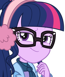 Size: 2688x3178 | Tagged: safe, artist:sketchmcreations, derpibooru import, sci-twi, twilight sparkle, better together, equestria girls, holidays unwrapped, clothes, coat, earmuffs, female, hand on chin, scarf, simple background, smiling, smirk, smug, smuglight sparkle, transparent background, vector, winter break-in, winter outfit