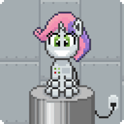 Size: 384x384 | Tagged: safe, artist:silent pone, derpibooru exclusive, derpibooru import, sweetie belle, sweetie bot, pony, robot, robot pony, animated, charger, charging, female, filly, gif, heart, heart eyes, pixel art, sitting, solo, wingding eyes