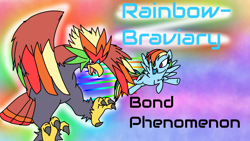 Size: 1920x1080 | Tagged: safe, derpibooru import, rainbow dash, bird, pegasus, pony, beak, blue coat, blue wings, braviary, female, flying, mare, multicolored mane, multicolored tail, open mouth, pokémon, spread wings, talons, text, wings