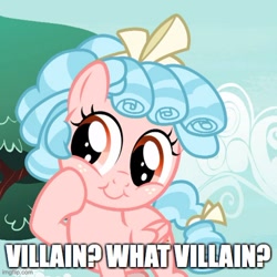 Size: 500x501 | Tagged: safe, derpibooru import, edit, edited screencap, screencap, cozy glow, pegasus, pony, marks for effort, bow, caption, cozybetes, cute, female, filly, foal, hair bow, image macro, imgflip, solo, tail bow, text