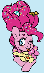 Size: 625x1026 | Tagged: safe, artist:/d/non, derpibooru import, li'l cheese, pinkie pie, bird, duck, earth pony, pony, the last problem, :p, blue background, blushing, candy, eyes closed, female, filly, food, lollipop, male, mama pinkie, mother and child, mother and son, older, older pinkie pie, one eye closed, parent and child, parent and son, simple background, sprinkles, tongue out, updo, wink