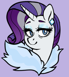 Size: 721x800 | Tagged: safe, artist:/d/non, derpibooru import, rarity, pony, unicorn, the last problem, bust, ear piercing, earring, eyeshadow, female, grey hair, jewelry, makeup, mare, older, older rarity, piercing, purple background, simple background, smiling, solo