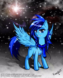 Size: 2418x3000 | Tagged: safe, artist:theblackrevanchrist, derpibooru import, oc, oc only, pegasus, pony, clothes, female, mare, scarf, smiling, snow, snowfall, solo, wings