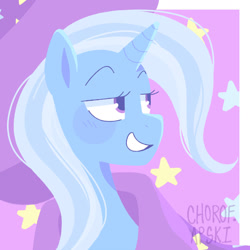 Size: 1024x1024 | Tagged: safe, artist:dartoons, derpibooru import, trixie, pony, unicorn, blue coat, bust, cape, female, hat, horn, mare, signature, smiling, solo, stars, trixie's cape, trixie's hat, two toned mane