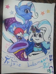 Size: 526x701 | Tagged: safe, artist:tong2602kn, derpibooru import, trixie, human, pony, unicorn, cape, cutie mark, female, hat, horn, humanized, looking at you, magic, mare, simple background, text, tongue out, traditional art, trixie's cape, trixie's hat, wand, white background