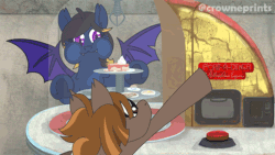 Size: 600x338 | Tagged: safe, artist:crowneprince, derpibooru import, bat pony, pony, fallout equestria, animated, cute, fallout, fallout 4, food, licking, mlem, perfectly preserved pie, pie, port-a-diner, silly, tongue out
