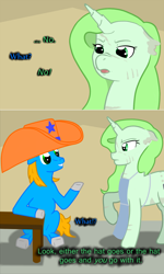 Size: 870x1454 | Tagged: safe, artist:askmerriweatherauthor, artist:eightbithoof, derpibooru import, oc, oc only, oc:merriweather, earth pony, pony, unicorn, female, giant hat, hat, male, mare, stallion