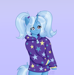 Size: 3200x3255 | Tagged: safe, artist:dextromethorphan2020, derpibooru import, trixie, anthro, unicorn, alternate hairstyle, babysitter trixie, clothes, cute, diatrixes, ear fluff, ears, eye clipping through hair, female, hoodie, pigtails, simple background, solo