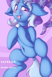 Size: 750x1125 | Tagged: safe, artist:shad0w-galaxy, derpibooru import, trixie, pony, unicorn, belly button, blushing, dock, female, hat, lying down, mare, patreon, simple background, solo, tongue out