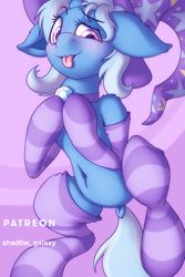 Size: 750x1125 | Tagged: safe, artist:shad0w-galaxy, derpibooru import, trixie, pony, unicorn, belly button, blushing, clothes, dock, female, hat, lying down, mare, patreon, simple background, socks, solo, stockings, striped socks, thigh highs, tongue out