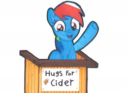 Size: 2997x2179 | Tagged: safe, artist:magicnova, derpibooru exclusive, derpibooru import, rainbow dash, pegasus, pony, bronybait, cute, dashabetes, female, hugs?, looking at you, mare, sign, simple background, solo, stand, that pony sure does love cider, traditional art