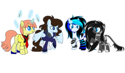 Size: 3305x1944 | Tagged: safe, artist:aestheticallylithi, artist:kb-gamerartist, derpibooru import, oc, oc only, oc:abella, oc:krissy, oc:lithium, oc:tippy toes, pegasus, pony, unicorn, 2021 community collab, bandage, blank flank, brush, choker, clothes, coat, coat markings, corset, derpibooru community collaboration, ear piercing, earring, feather, female, flower, flower in hair, freckles, glowing horn, grin, headphones, high heels, hoodie, horn, jewelry, leonine tail, levitation, lip piercing, magic, makeup, mare, mascara, multicolored hair, necktie, paintbrush, piercing, raised hoof, rose, shoes, simple background, smiling, socks, spiked wristband, spread wings, striped socks, tape, telekinesis, transparent background, wings, wristband