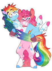 Size: 900x1222 | Tagged: safe, artist:wanderingpegasus, derpibooru import, pinkie pie, rainbow dash, earth pony, pegasus, pony, alternate hairstyle, bipedal, blushing, bridal carry, carrying, chest fluff, coat markings, confused, ear fluff, ears, female, freckles, grin, hug, leg fluff, lesbian, mare, one eye closed, pinkiedash, raised hoof, redesign, redraw, shipping, simple background, smiling, transparent background, unshorn fetlocks, wink