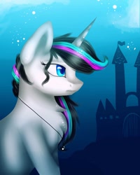 Size: 1080x1350 | Tagged: safe, artist:rxndxm.artist, derpibooru import, oc, oc only, oc:shooting star, pony, unicorn, bust, castle, chest fluff, female, horn, jewelry, mare, necklace, outdoors, palindrome get, solo, unicorn oc