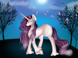 Size: 1080x810 | Tagged: safe, artist:rxndxm.artist, derpibooru import, oc, oc only, bird, pony, unicorn, cloud, full moon, hoof fluff, horn, horn jewelry, jewelry, moon, outdoors, petals, solo, tree, unicorn oc