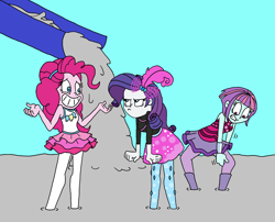 Size: 1942x1568 | Tagged: safe, artist:bugssonicx, derpibooru import, pinkie pie, rarity, sunny flare, equestria girls, cement, stuck