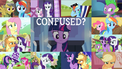Size: 1978x1114 | Tagged: safe, derpibooru import, edit, edited screencap, editor:quoterific, screencap, applejack, daring do, fluttershy, pinkie pie, rainbow dash, rarity, spike, sweetie belle, twilight sparkle, twilight sparkle (alicorn), alicorn, dragon, earth pony, pegasus, pony, unicorn, 28 pranks later, applebuck season, applejack's "day" off, every little thing she does, honest apple, maud pie (episode), not asking for trouble, over a barrel, stranger than fan fiction, the one where pinkie pie knows, the times they are a changeling, too many pinkie pies, mane six, sunglasses
