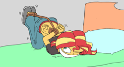 Size: 1593x872 | Tagged: safe, artist:bugssonicx, derpibooru import, sunset shimmer, equestria girls, bed, bondage, cloth gag, clothes, female, gag, hogtied, lying down, on bed, one eye closed, prone, rope, rope bondage, subset, tied up