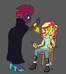 Size: 969x1080 | Tagged: safe, artist:bugssonicx, derpibooru import, sunset shimmer, tempest shadow, equestria girls, gritted teeth, hypnosis, swirly eyes, tied to chair
