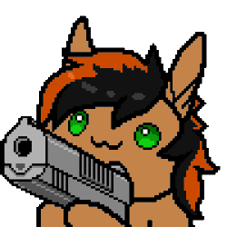 Size: 300x300 | Tagged: safe, artist:imreer, derpibooru import, oc, oc only, earth pony, animated, bust, commission, earth pony oc, gif, gun, hoof hold, owo, simple background, smiling, solo, transparent background, weapon, ych result