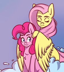 Size: 4500x5000 | Tagged: safe, artist:ranillopa, derpibooru import, fluttershy, pinkie pie, earth pony, pegasus, pony, absurd resolution, chest fluff, cloud, duo, eyes closed, female, hug, hug from behind, looking at you, mare, sitting, smiling, three quarter view, winghug