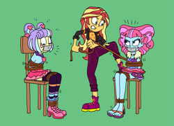 Size: 2529x1837 | Tagged: safe, artist:bugssonicx, derpibooru import, kiwi lollipop, sunset shimmer, supernova zap, equestria girls, abuse, bondage, bound and gagged, gag, k-lo, postcrush, rope, rope bondage, sandals, su-z, tape, tape gag, tied to chair, tied up, tying