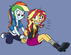 Size: 2100x1609 | Tagged: safe, artist:bugssonicx, derpibooru import, rainbow dash, sunset shimmer, equestria girls, bondage, clothes, female, gag, tape, tape bondage, tape gag, tied up