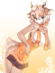Size: 1709x2287 | Tagged: artist needed, source needed, safe, derpibooru import, oc, oc only, anthro, deer, deer pony, original species, antlers, apron, barely pony related, big breasts, breasts, cleavage, clothes, female, sideboob, solo, syringe