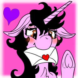 Size: 1024x1024 | Tagged: safe, artist:brainiac, derpibooru import, oc, oc only, oc:stephanie, pony, blushies, blushing, bust, cute, ears, female, flat color, floppy ears, heart, letter, mare, portrait, simple background, solo