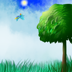 Size: 512x512 | Tagged: safe, artist:brainiac, derpibooru import, rainbow dash, pegasus, pony, female, flying, grass, solo, tree