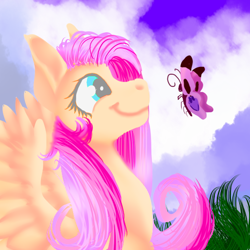 Size: 512x512 | Tagged: safe, artist:brainiac, derpibooru import, fluttershy, butterfly, pegasus, pony, bust, cute, female, looking at something, mare, pastel, portrait, profile, solo, spread wings