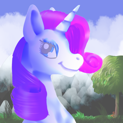 Size: 512x512 | Tagged: safe, artist:brainiac, derpibooru import, applejack, rarity, earth pony, pony, unicorn, cute, female, grass, mare, mountain, pastel, solo focus, tree