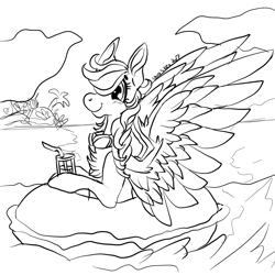 Size: 1470x1470 | Tagged: safe, artist:brainiac, derpibooru import, rainbow dash, pegasus, pony, black and white, chest fluff, coloring page, drink, female, grayscale, lineart, monochrome, solo