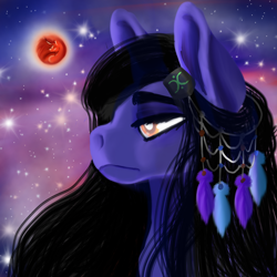 Size: 2146x2146 | Tagged: safe, artist:brainiac, derpibooru import, oc, oc only, oc:brainiac, earth pony, pony, blood moon, feather, male, mare in the moon, moon, sad, solo, stallion, stars