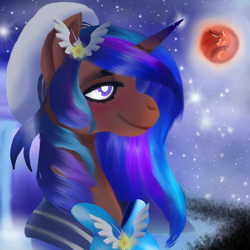 Size: 2146x2146 | Tagged: safe, artist:brainiac, derpibooru import, oc, oc only, oc:rose sniffer, blood moon, blushing, bust, clothes, cute, moon, portrait, sailor suit, solo, stars